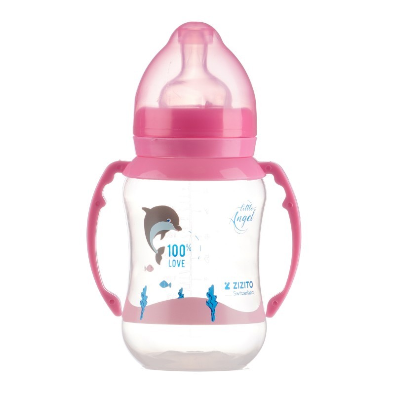 Bottle with handles Little Angel, wide neck, 6+ months, 250 ml., pink ZIZITO