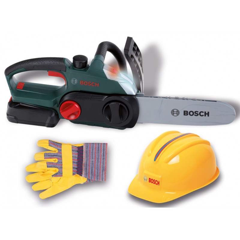 Bosch Worker Set, robust chainsaw with light and sound, high-quality helmet and work gloves BOSCH