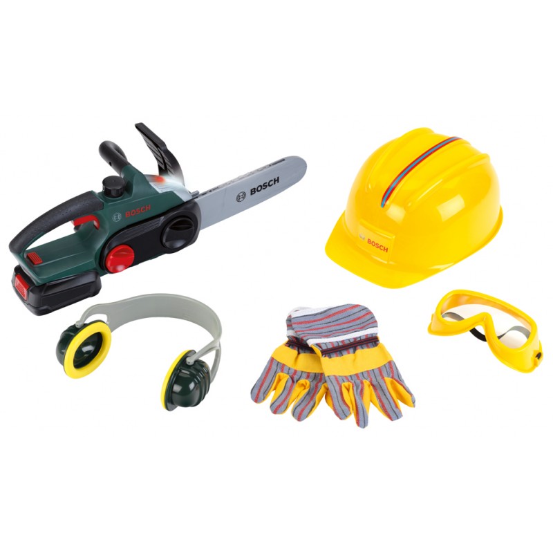 Theo Klein 8532 Bosch Chainsaw with Accessories I Battery-powered saw with sound and light functions I Includes work gloves, ear protectors, safety goggles and helmet I Packaging dimensions: 40 cm x 16 cm x 36.5 cm I Toy for children aged 3 years and up BOSCH