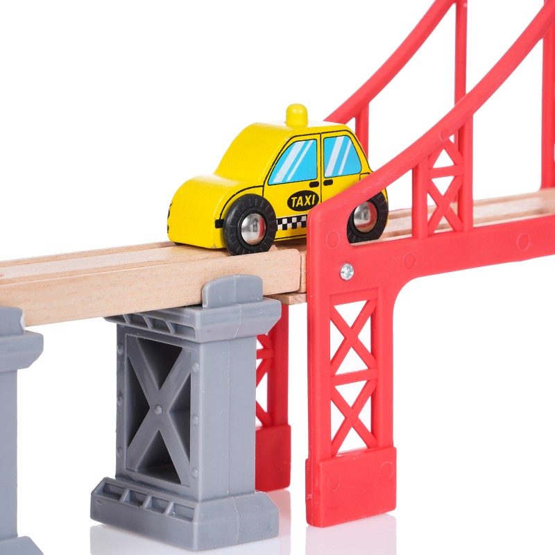 Wooden railway composition with train, bridge and buildings, 70 parts WOODEN