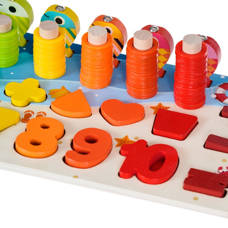 Wooden toy - board with numbers, rings and fish WOODEN