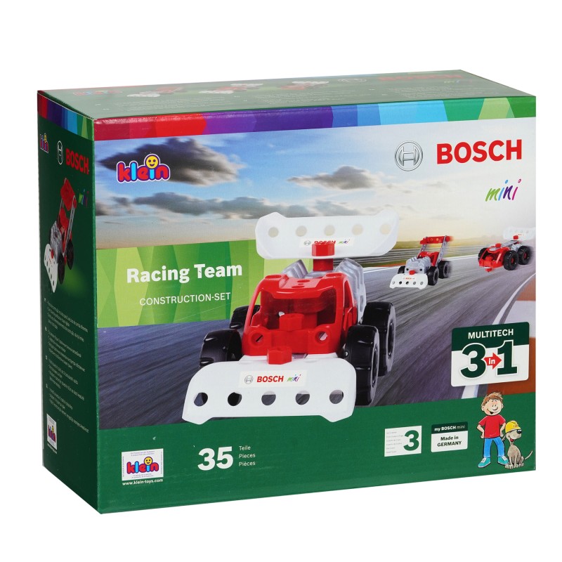 Theo Klein 8793 Bosch 3 in 1: Konstruktions-Set Racing Team | Zum Bau verschiedener Rennfahrzeuge I Inklusive Baupläne für 3 Modelle I Spielzeug für Kinder ab 3 Jahren BOSCH