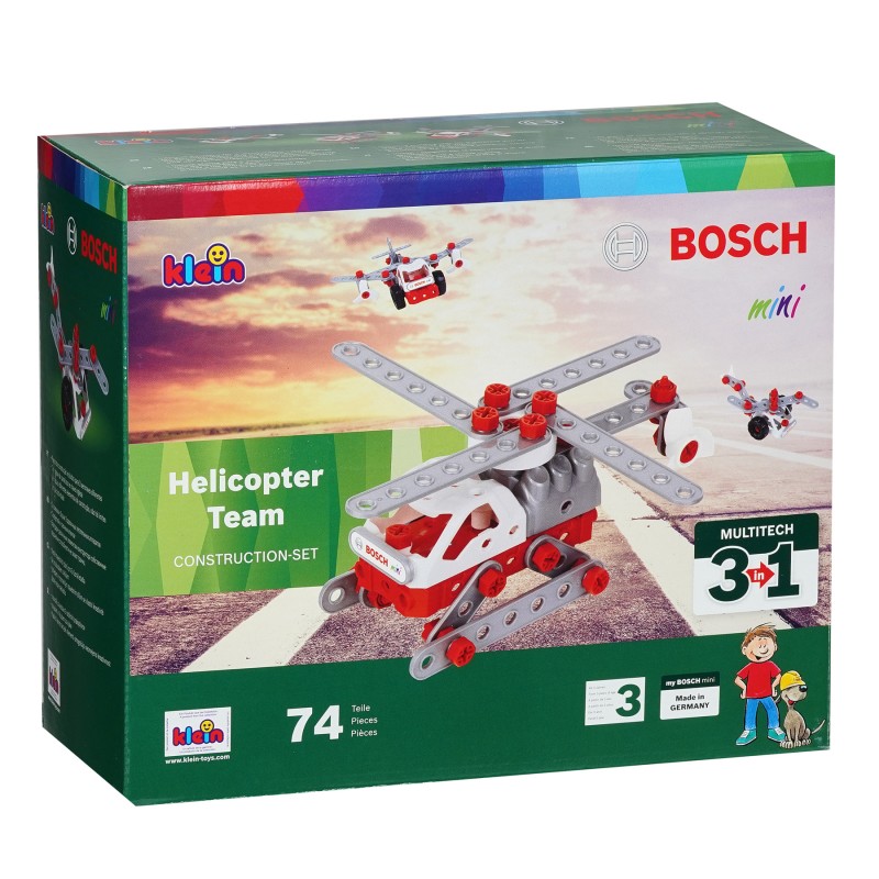 Theo Klein 8791 Bosch 3 in 1 Konstruktions-Set Helicopter Team I Zum Bau verschiedener Luftfahrzeuge I Inklusive Baupläne für 3 Modelle I Spielzeug für Kinder ab 3 Jahren BOSCH