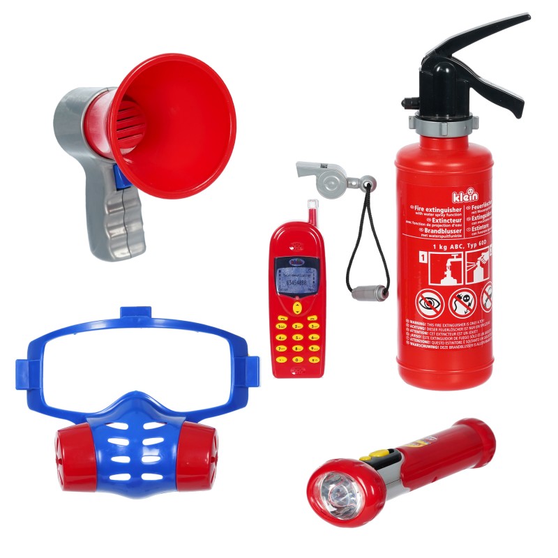 Theo Klein 8950 Fire Fighter Henry 7-piece fire brigade set I Incl. Fire extinguisher with spray function, megaphone, torch and much more. I Dimensions: 40 cm x 32 cm x 9.5 cm I Toys for children aged 3 and over Klein