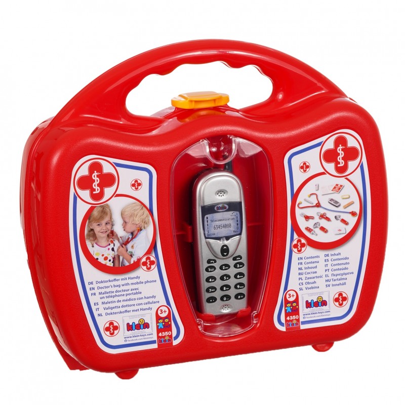 Theo Klein 4350 Doctor's Case with Mobile Phone I Robust case with stethoscope, syringe and much more I With battery-powered mobile phone with sound I Dimensions: 27 cm x 24 cm x 10 cm I Toy for children aged 3 years and up Theo Klein