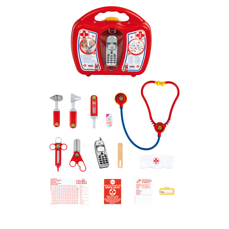 Theo Klein 4350 Doctor's Case with Mobile Phone I Robust case with stethoscope, syringe and much more I With battery-powered mobile phone with sound I Dimensions: 27 cm x 24 cm x 10 cm I Toy for children aged 3 years and up Theo Klein