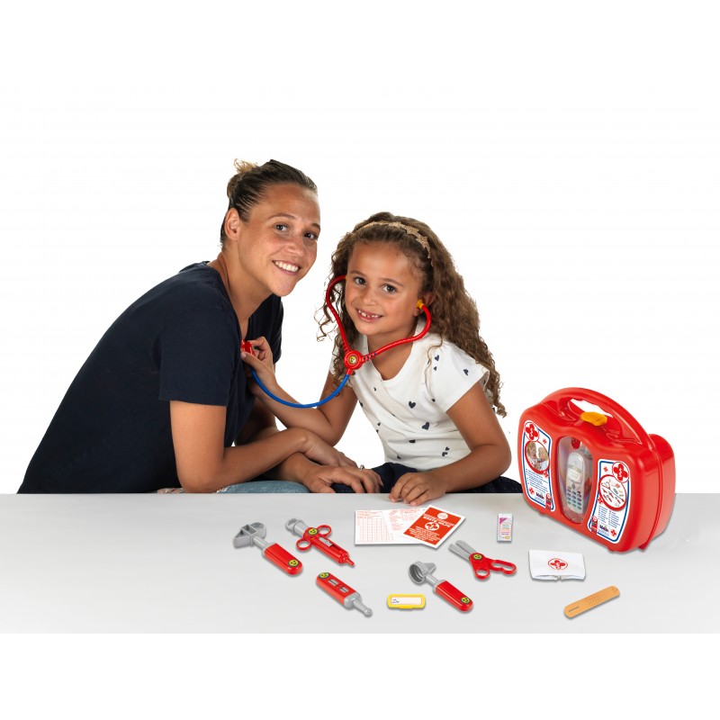 Theo Klein 4350 Doctor's Case with Mobile Phone I Robust case with stethoscope, syringe and much more I With battery-powered mobile phone with sound I Dimensions: 27 cm x 24 cm x 10 cm I Toy for children aged 3 years and up Theo Klein