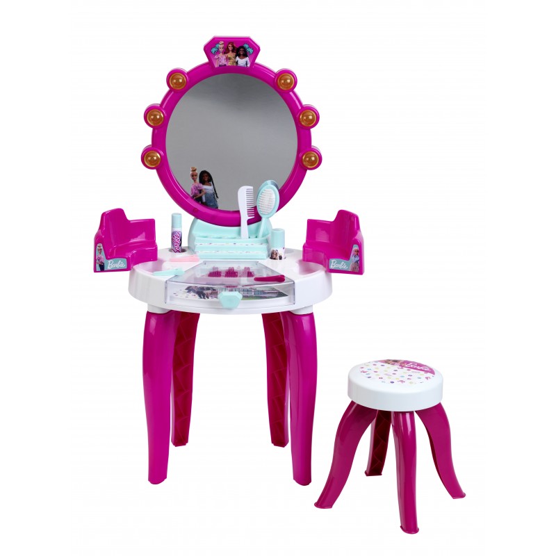 Theo Klein 5328 Barbie Beauty Salon with Light and Sound Functions I Pivoted storage areas and mirror I With lots of accessories such as a comb, hairspray and perfume spray I Dimensions: 41 cm x 31 cm x 90 cm I Toy for children aged 3 years and up Barbie