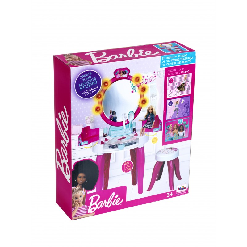 Theo Klein 5328 Barbie Beauty Salon with Light and Sound Functions I Pivoted storage areas and mirror I With lots of accessories such as a comb, hairspray and perfume spray I Dimensions: 41 cm x 31 cm x 90 cm I Toy for children aged 3 years and up Barbie