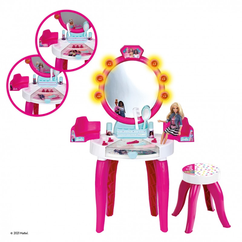 Theo Klein 5328 Barbie Beauty Salon with Light and Sound Functions I Pivoted storage areas and mirror I With lots of accessories such as a comb, hairspray and perfume spray I Dimensions: 41 cm x 31 cm x 90 cm I Toy for children aged 3 years and up Barbie