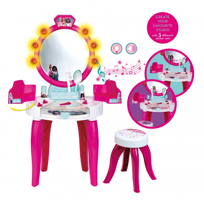 Theo Klein 5328 Barbie Beauty Salon with Light and Sound Functions I Pivoted storage areas and mirror I With lots of accessories such as a comb, hairspray and perfume spray I Dimensions: 41 cm x 31 cm x 90 cm I Toy for children aged 3 years and up Barbie