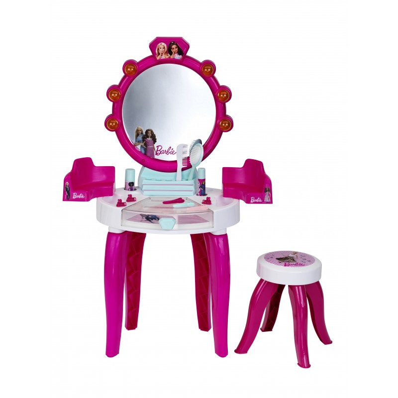 Theo Klein 5328 Barbie Beauty Salon with Light and Sound Functions I Pivoted storage areas and mirror I With lots of accessories such as a comb, hairspray and perfume spray I Dimensions: 41 cm x 31 cm x 90 cm I Toy for children aged 3 years and up Barbie