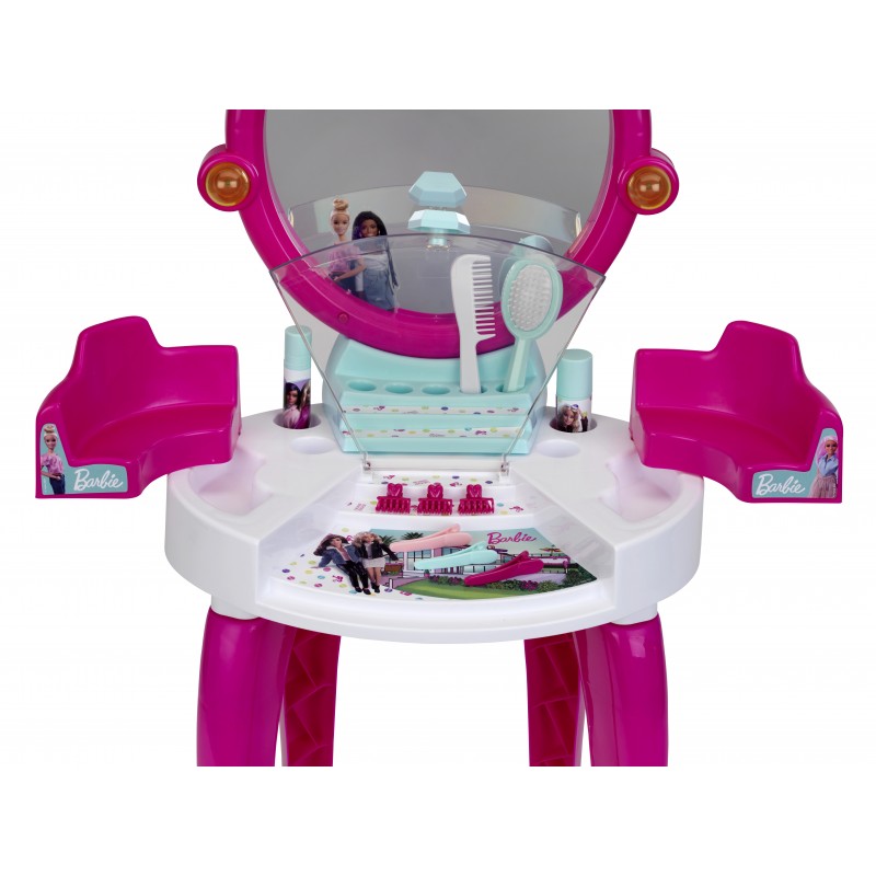 Theo Klein 5328 Barbie Beauty Salon with Light and Sound Functions I Pivoted storage areas and mirror I With lots of accessories such as a comb, hairspray and perfume spray I Dimensions: 41 cm x 31 cm x 90 cm I Toy for children aged 3 years and up Barbie