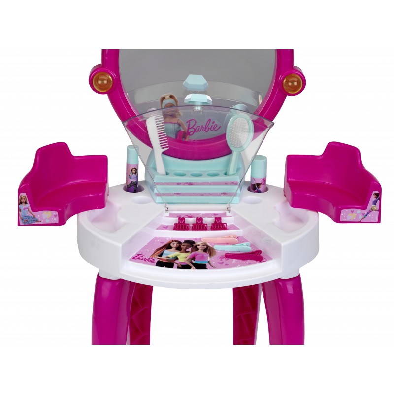 Theo Klein 5328 Barbie Beauty Salon with Light and Sound Functions I Pivoted storage areas and mirror I With lots of accessories such as a comb, hairspray and perfume spray I Dimensions: 41 cm x 31 cm x 90 cm I Toy for children aged 3 years and up Barbie