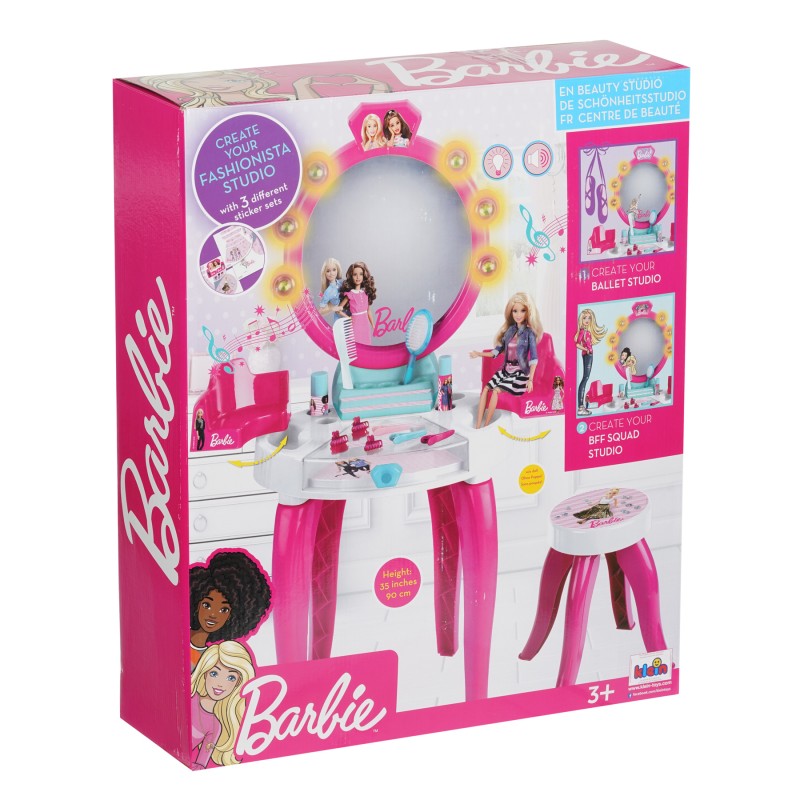 Theo Klein 5328 Barbie Beauty Salon with Light and Sound Functions I Pivoted storage areas and mirror I With lots of accessories such as a comb, hairspray and perfume spray I Dimensions: 41 cm x 31 cm x 90 cm I Toy for children aged 3 years and up Barbie