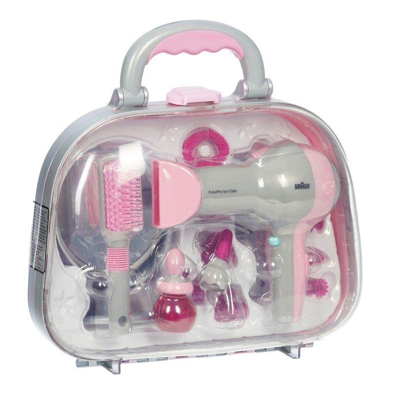 Theo Klein 5855 Hairdresser's Case with Braun Hairdryer I With mirror, comb and lots of styling accessories I Robust case with battery-powered hairdryer I Dimensions: 27.5 cm x 11 cm x 22.2 cm I Toy for children aged 3 years and up BRAUN