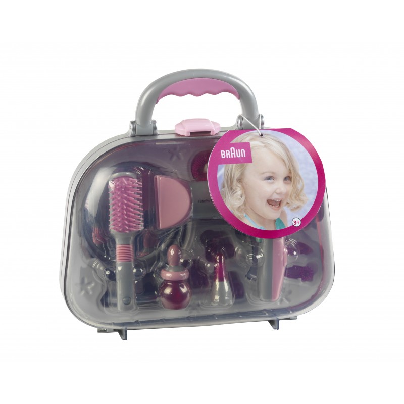 Theo Klein 5855 Hairdresser's Case with Braun Hairdryer I With mirror, comb and lots of styling accessories I Robust case with battery-powered hairdryer I Dimensions: 27.5 cm x 11 cm x 22.2 cm I Toy for children aged 3 years and up BRAUN