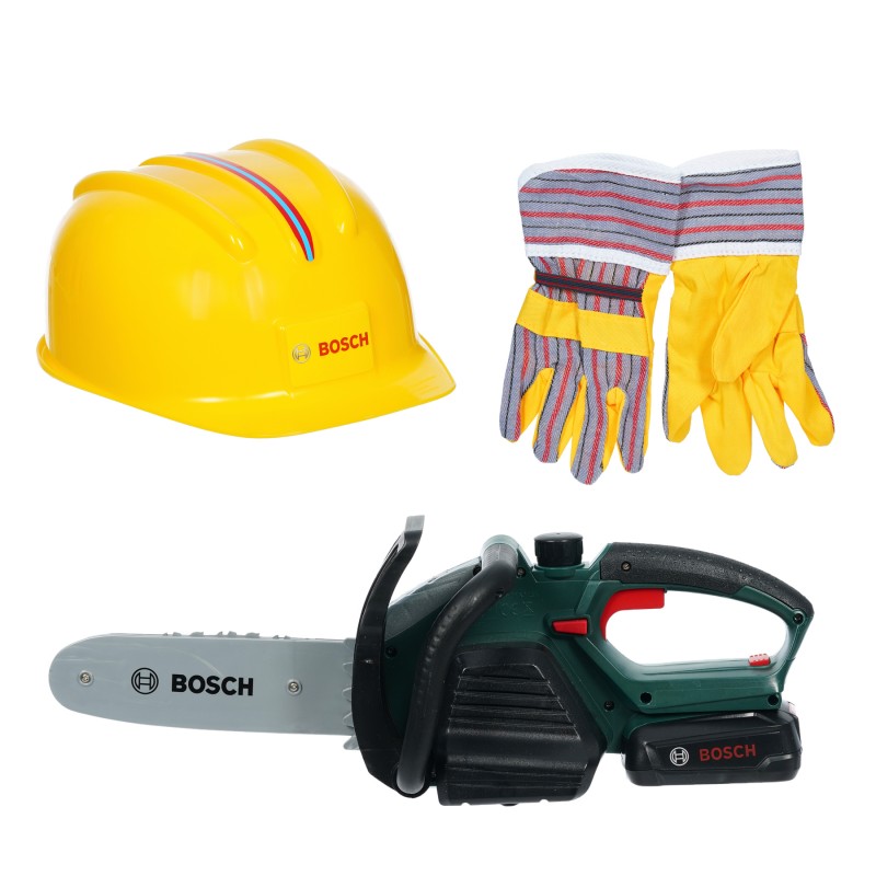 Bosch Worker Set, robust chainsaw with light and sound, high-quality helmet and work gloves BOSCH