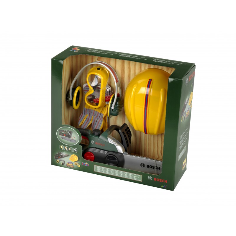 Theo Klein 8532 Bosch Chainsaw with Accessories I Battery-powered saw with sound and light functions I Includes work gloves, ear protectors, safety goggles and helmet I Packaging dimensions: 40 cm x 16 cm x 36.5 cm I Toy for children aged 3 years and up BOSCH