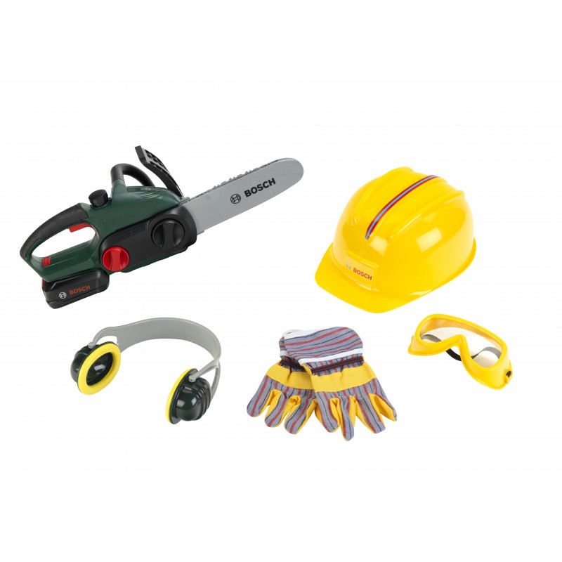 Theo Klein 8532 Bosch Chainsaw with Accessories I Battery-powered saw with sound and light functions I Includes work gloves, ear protectors, safety goggles and helmet I Packaging dimensions: 40 cm x 16 cm x 36.5 cm I Toy for children aged 3 years and up BOSCH