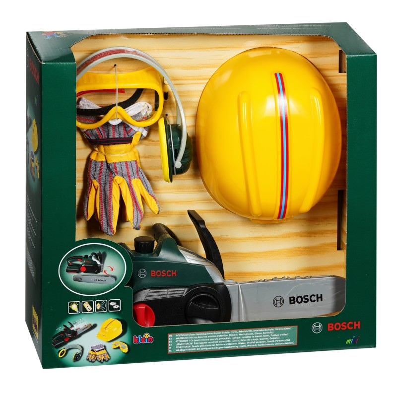 Theo Klein 8532 Bosch Chainsaw with Accessories I Battery-powered saw with sound and light functions I Includes work gloves, ear protectors, safety goggles and helmet I Packaging dimensions: 40 cm x 16 cm x 36.5 cm I Toy for children aged 3 years and up BOSCH