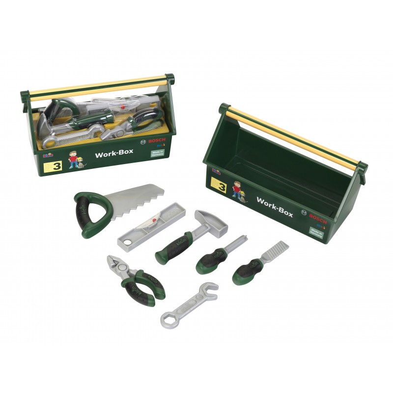 Theo Klein 8573 Tool Box I 7-part tool kit I Strong box with practical handle for carrying I Dimensions: 30.25 cm x 14 cm x 17.25 cm I Toy for children aged 3 years and up BOSCH