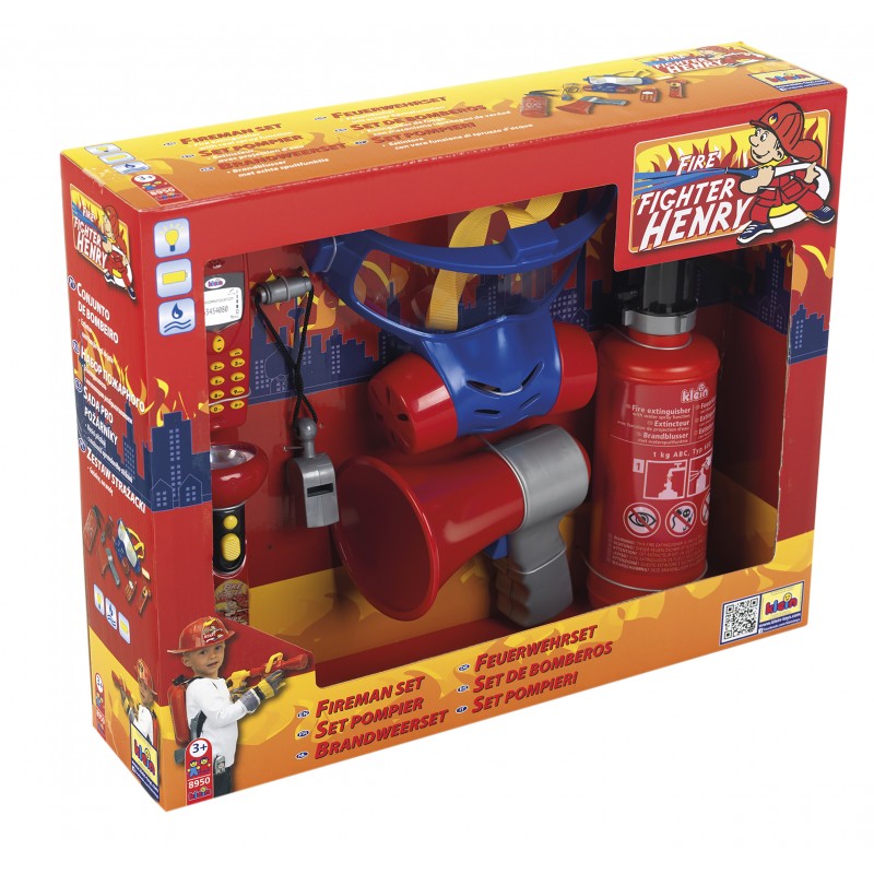 Theo Klein 8950 Fire Fighter Henry 7-piece fire brigade set I Incl. Fire extinguisher with spray function, megaphone, torch and much more. I Dimensions: 40 cm x 32 cm x 9.5 cm I Toys for children aged 3 and over Klein