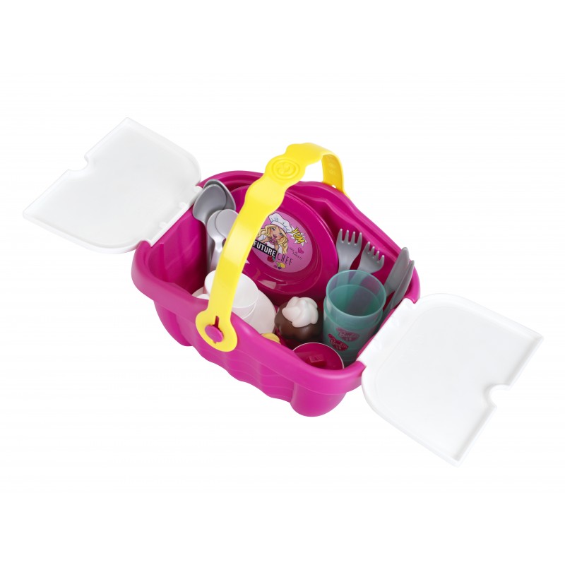 Theo Klein 9527 Barbie Picnik Basket | Sturdy toy basket full of colourful tableware and cupcakes for two | Measures: 25 cm x 20 cm x 22.5 cm | Toys for children aged 3 and over Barbie